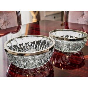 Vintage Lead Chrystal Starburst Silver Plated Trim set Of 2 serving Bowls.